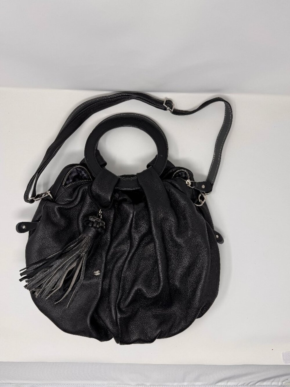 ROSSI Florence Italy Custom Made Black Leather Balloon Bag Tassel Pristine 15"